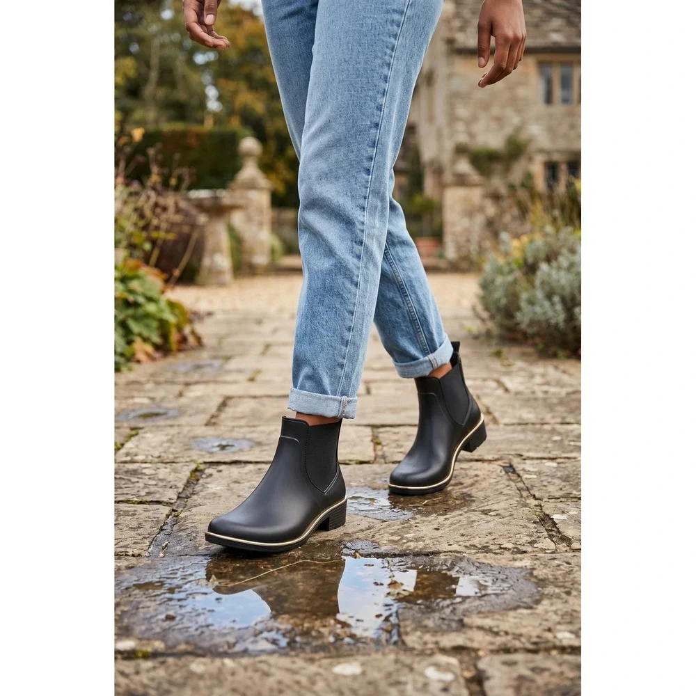 Kate Spade Rain Boots 10 Black Gold Trim Bow Chelsea Ankle Boot Preppy‎ Chic
